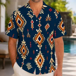 Navy Orange Geometric Diamond Motifs for Resort Vacations and Summer Getaways for Men Hawaiian Shirt