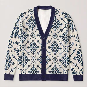 Navy Snowflake Geometric Motifs For Cozy Winter Layering And Nordic Style All-over Print Knitted Cardigan