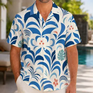 Blue White Geometric Resort Style for Beach Holidays and Summer Travel for Plus Size Men Hawaiian Shirt