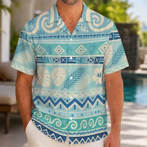 Blue Geometric Waves and Spirals for Tropical Vacations and Men's Resort Style Hawaiian Shirt