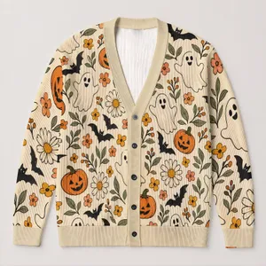 Women's Halloween Bats Pumpkins Ghosts Floral Autumn Layering Style for Fall Gatherings All-over Print Knitted Cardigan