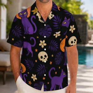 Purple Cats, Skulls And Orange Moons For Halloween Beach Nights And Resort Getaways Hawaiian Shirt