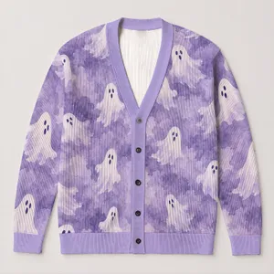 Lavender Ghosts for Cozy Halloween Layers and Casual Fall Outings for Women and Fans All-over Print Knitted Cardigan