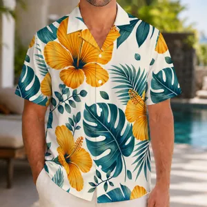 Golden Hibiscus And Teal Monstera Leaves For Beach Holidays And Resort Getaways Men Hawaiian Shirt
