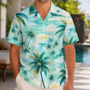 Summer Watercolor Palm Tree Island Scene For Tropical Vacations And Beach Days For Men Hawaiian Shirt