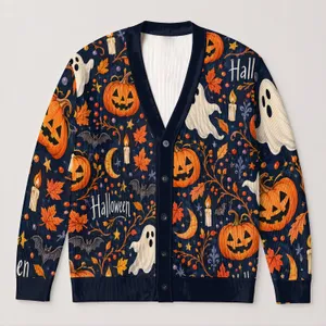 Halloween Pumpkins and Ghosts for Cozy Autumn Parties and Everyday Layering for Women All-over Print Knitted Cardigan