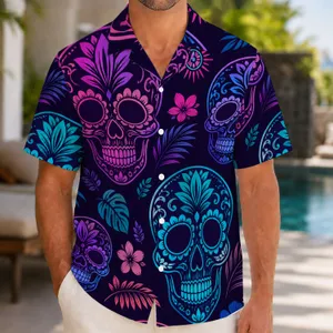 Purple Blue Sugar Skulls With Tropical Flowers For Beach Parties And Vacation Wear Hawaiian Shirt
