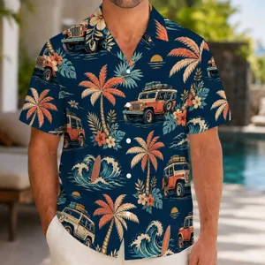 Retro Palm Trees, Coastal Waves and Vintage Jeeps for Beach Vacations and Island Men Hawaiian Shirt