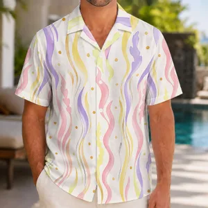 Pastel Wavy Ribbon Motifs for Beach Vacations and Resort Days, Men's Summer Style Hawaiian Shirt