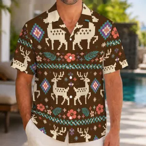Pixel Reindeer Nordic Holiday Motifs for Festive Island Getaways and Casual Men's Style Hawaiian Shirt