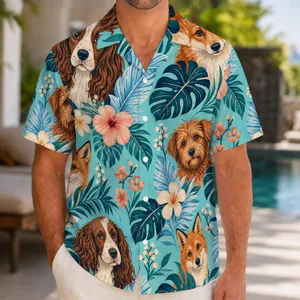 Playful Fox And Spaniel Tropical Garden Motifs For Sunny Island Vacations, Men's Hawaiian Shirt