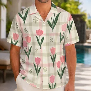 Pink Tulip Garden Checks for Spring Getaways and Resort Weekends, Men's Summer Style Hawaiian Shirt