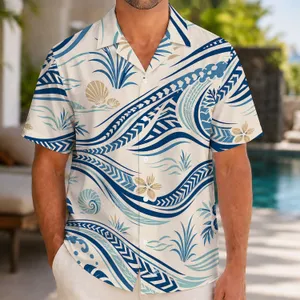 Nautical Wave Geometry for Coastal Vacations and Resort Weekends, Men's Beach Style Hawaiian Shirt