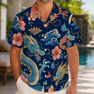 Teal and Crimson Dragon Blossoms for Resort Getaways and Beach Holidays for Him Hawaiian Shirt