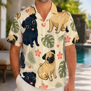 Cute Pug Hearts and Tropical Leaves for Beach Holidays, Dog Lovers and Vacation Days Hawaiian Shirt
