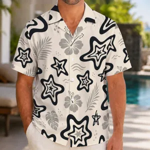 Black White Organic Star Motifs for Beach Vacations and Casual Resort Wear for Men Hawaiian Shirt
