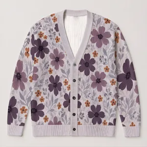 Purple Floral Botanical Motifs for Elegant Fall Layering and Everyday Women's Style All-over Print Knitted Cardigan