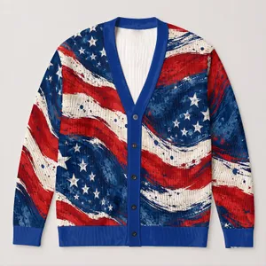 American Flag Stars and Stripes for Patriotic Summer Getaways and Casual Layering All-over Print Knitted Cardigan