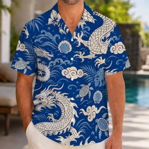 White Eastern Dragons and Ocean Clouds for Beach Vacation Style, Men's Resort Wear Hawaiian Shirt