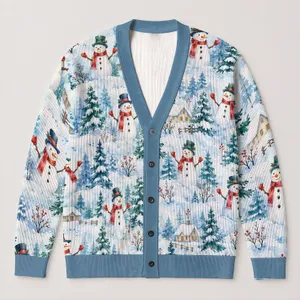 Watercolor Snowman Winter Scene for Cozy Holiday Layering and Everyday Cold Weather Style All-over Print Knitted Cardigan