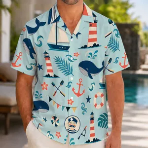 Nautical Ocean Icons for Beach Holidays and Coastal Weekends, Men's Summer Vacation Style Hawaiian Shirt