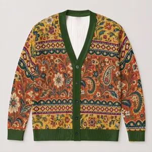 Vintage Mustard Floral Paisley Boho Style for Casual Relaxed Everyday Layering for Women All-over Print Knitted Cardigan