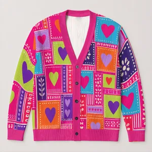 Colorful Heart Grid Motif for Beach Layering and Casual Date Style, Plus Size Women All-over Print Knitted Cardigan