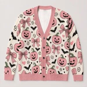 Pink Halloween Pumpkins and Bows for Festive Autumn Outfits for Women, Cute Spooky Style All-over Print Knitted Cardigan