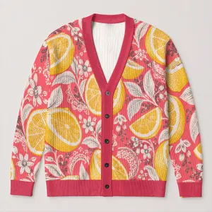Lemon Citrus Lace Motifs for Beach Getaways and Date Days, Women's Resort Style All-over Print Knitted Cardigan