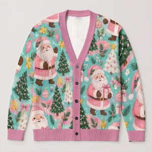 Pink Santa Claus Holiday Scene for Cozy Vacation Layering, Women’s Festive Style All-over Print Knitted Cardigan