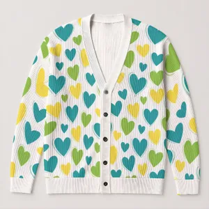Teal Yellow Green Heart Motif For Cheerful Everyday Layering And Weekend Style Gift All-over Print Knitted Cardigan