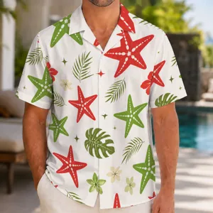 Red Green Star Motif for Tropical Vacations and Festive Coastal Holiday Style for Men Hawaiian Shirt