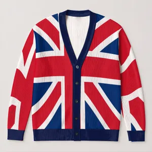 British Flag Inspired Red White Blue Cross Motif for Autumn Weekend Layering and Travel All-over Print Knitted Cardigan