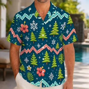 Pixel Christmas Trees And Snowflakes For Festive Resort Vacations And Holiday Parties Hawaiian Shirt