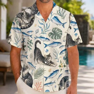 Blue Fish and Gray Cat Island Style for Beach Holidays and Relaxed Men's Fashion Hawaiian Shirt