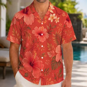 Red Hibiscus And Coral Vines For Beach Vacations And Summer Island Getaways For Men Hawaiian Shirt