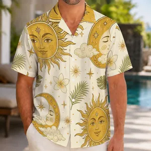 Golden Sun and Crescent Moon Motifs for Beach Vacations and Everyday Menswear Hawaiian Shirt