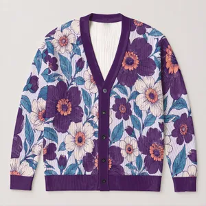 Purple Floral Blooms with Coral Centers for Spring Vacation and Date Night Style Women All-over Print Knitted Cardigan