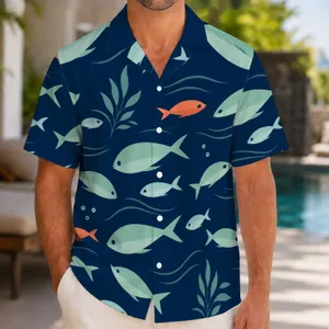 Retro Mint Fish And Coral Orange Ocean Scene For Beach Vacations And Summer Travel Hawaiian Shirt