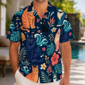 Colorful Tropical Cat Garden Scene for Beach Holidays and Summer Getaways for Men Hawaiian Shirt