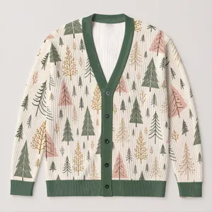 Evergreen Tree Forest Motifs for Cozy Winter Layering in Soft Pastel Woodland Style All-over Print Knitted Cardigan