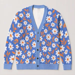 Blue Daisy And Orange Leaf Florals For Relaxed Everyday Autumn Layering For Women’s Style All-over Print Knitted Cardigan