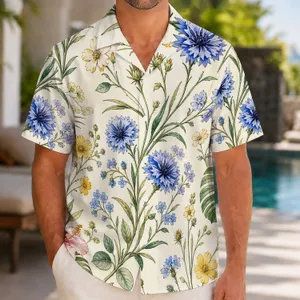Blue Wildflower Garden With Green Leaves For Resort Days And Coastal Getaways For Men Hawaiian Shirt