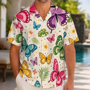 Colorful Tropical Butterfly Garden Motifs for Beach Holidays and Resort Weekends, Men Hawaiian Shirt
