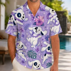 Playful Purple Puppy With Twinkling Island Blooms For Beach Vacations And Resort Days Hawaiian Shirt