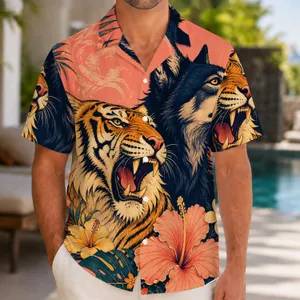 Roaring Tiger and Wolf Portrait for Beach Vacations and Summer Adventure Travel Men Hawaiian Shirt
