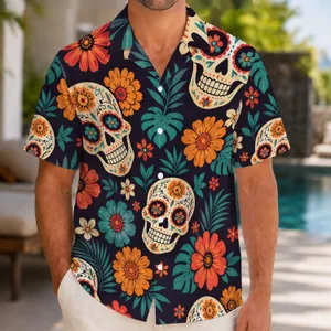 Sugar Skull Floral Motifs for Dia de los Muertos Beach Holidays and Resort Travel Hawaiian Shirt