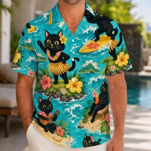 Black Cat Surfers And Island Luau Fun For Beach Holidays, Vacations, And Summer Parties Hawaiian Shirt