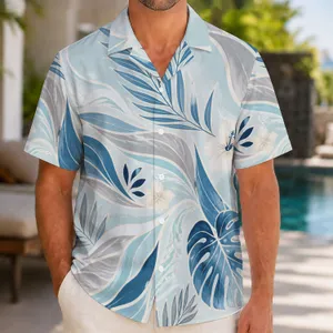 Blue Ocean Wave Leaf Colorblock Resort Style for Summer Beach Travel Getaways Men Hawaiian Shirt