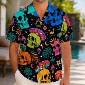 Colorful Skull and Mushroom Motifs for Festival Travel and Beach Vacation Style Lovers Hawaiian Shirt
